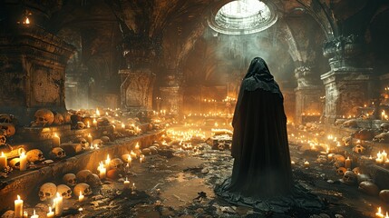 a dark scene with a black candle, burning candles and a black church