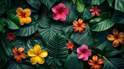 Tropical Plumeria Flowers and Green Leaves Background