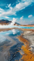 A hot spring bubbling and steaming in a geothermal landscape, vibrant mineral colors
