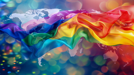 Fototapeta premium Pride Month, Global LGBTQ pride representation with rainbow flag across world map, concept of international unity and acceptance.