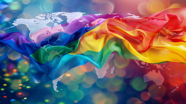 Pride Month, Global LGBTQ pride representation with rainbow flag across world map, concept of international unity and acceptance.