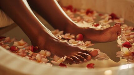 person relaxes in a comfortable chair, feet soaking in a warm water basin with flower petals - obrazy, fototapety, plakaty