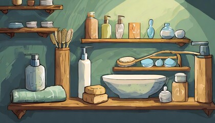 Generated image of bathroom shelves with soap and shampoo