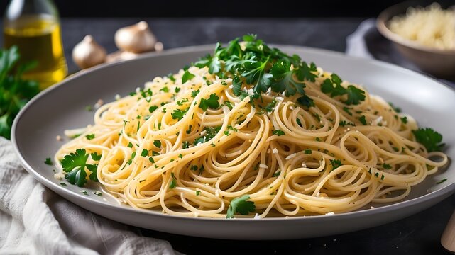 A  plate of spaghetti aglio  e olio with garlic chili flakes and  fresh parsley