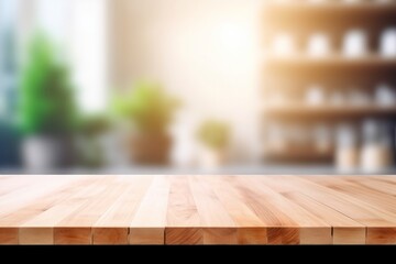 An empty wooden table overlooking a light brighten blurred defocused kitchen for representive your product with copyspace - obrazy, fototapety, plakaty