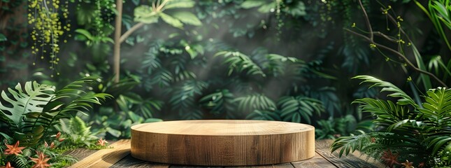 Beauty product platform in a lush 3D garden, wooden pedestal with tropical flora mockup