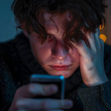 distressed person looking at their phone with hurtful messages or negative comments displayed on the screen, the screen have to be seen on the image