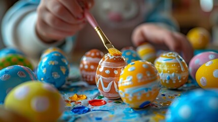 Close-up of Easter eggs being decorated by children, with colorful paints and brushes, on a clean background for text - obrazy, fototapety, plakaty