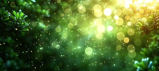 Obraz premium abstract background, bokeh lights, green leaves, water drops