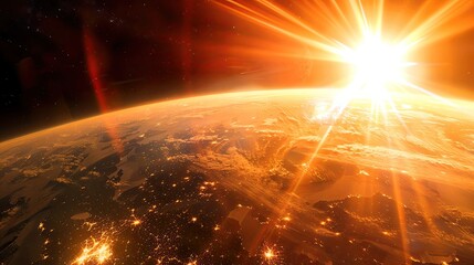 Fototapeta premium Solar flare observation from satellite, Earth in background, high detail, dawn light