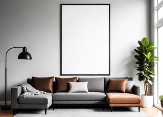 ISO frame mockup, A size of paper. Mockup of wall poster in the living room. home background on an interior mockup. contemporary home decor. 3D rendering. Generative AI.