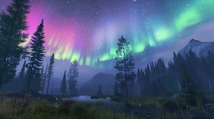 Aurora Borealis over silent forest, wide landscape, vivid colors, clear night