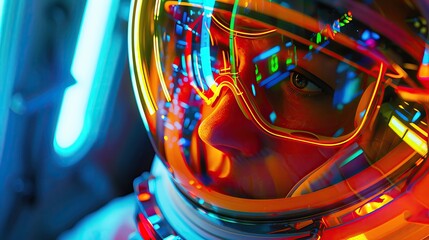 Close up, realistic, portrait of thrill seekers preparing for Space Tourism, their excitement captured in the neon reflections of the spaceships interior
