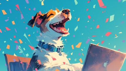 happy dog sitting in front of laptop, confetti flying around, turquoise background,