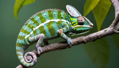 Foto op Canvas A-Chameleon-With-Its-Tail-Curled-Around-A-Branch- © Minha