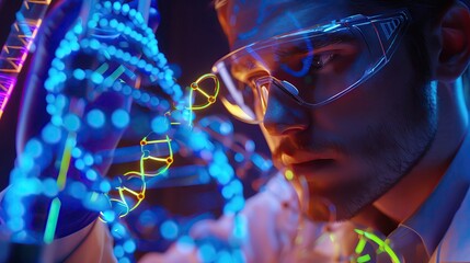 Close up, realistic, portrait of a lab technician examining Synthetic DNA strands under neon lights, highlighting the vibrant potential of bioengineering