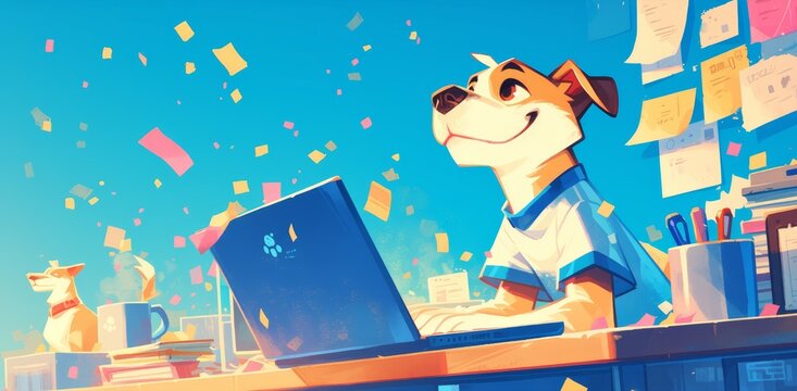 happy dog sitting in front of laptop, confetti flying around, turquoise background