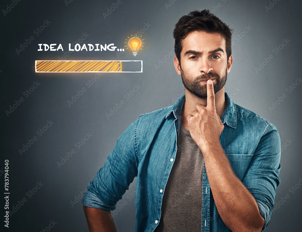 Poster portrait, man and thinking by gray background for mockup with idea, inspiration and bulb illustratio
