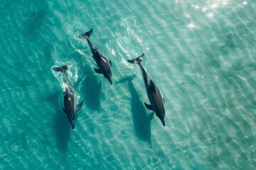 Aerial view of dolphins leaping playfully in crystal-clear water