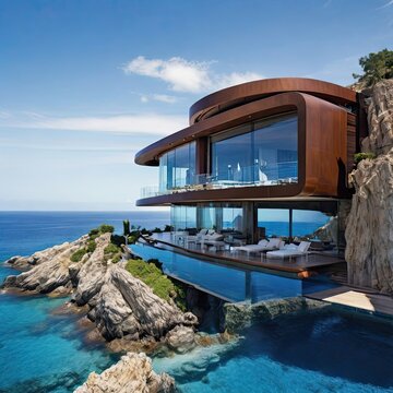 Glass luxury home in the blue sea."


