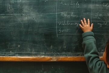 Close up Little child's hand writes and draws on a slate board with copyspace, back to school concept - Powered by Adobe