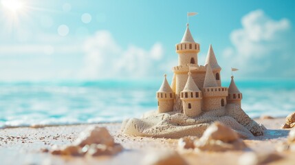 Beautiful sand castle on a sandy beach by the sea, deserted, sunny day, copy space