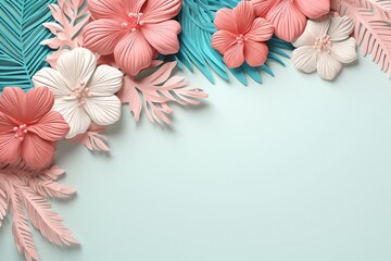 Tropical pink and white 3d flowers arrangement, on pastel background with copy space