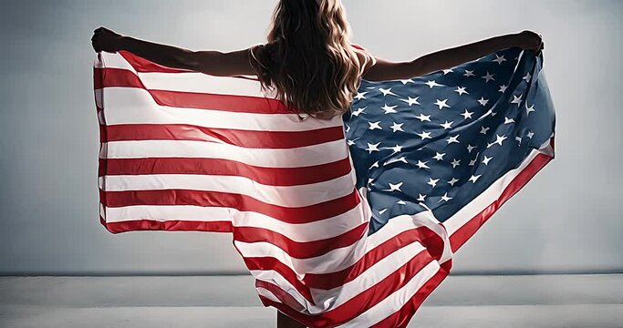 A dynamic and powerful image of a woman holding a waving American flag, representing strength and patriotism