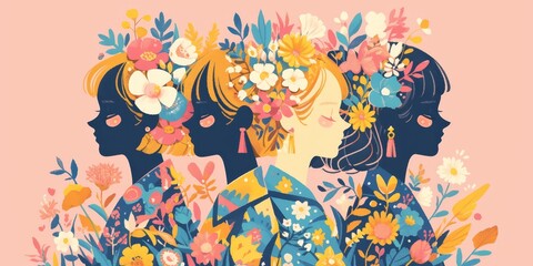 Craft an enchanting and colorful paper cut art background for International Women's Day, showcasing beautiful women with flowers