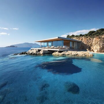 Glass luxury home in the blue sea."


