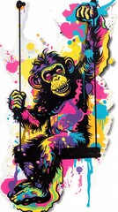 A monkey flinging paint from a swing, creating chaotic yet beautiful abstract art, illustrated in wild, energetic watercolors