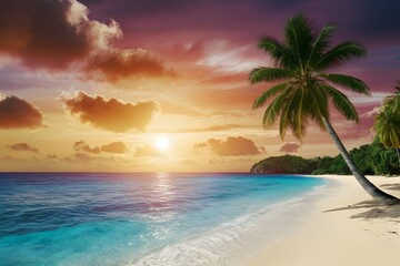 Fototapeta na wymiar Beautiful sunset on ocean beach, tropical island panoramic background