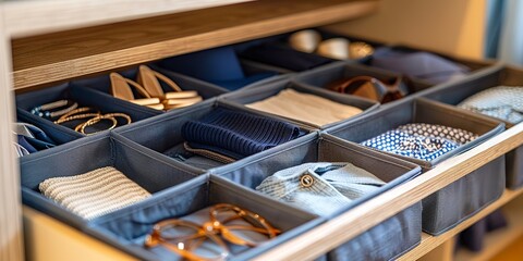 Closet organizer with compartments for accessories, close-up, tidy, soft light 