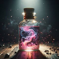 Enchanted Glowing Bottle with Magical Essence Amidst Sparkling Lights and Ethereal Atmosphere