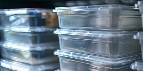 Close-up of stackable clear storage bins, soft light, orderly and transparent  - obrazy, fototapety, plakaty