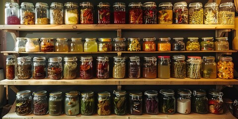 Wall-mounted shelves filled with labeled jars, neat arrangement, bright light 