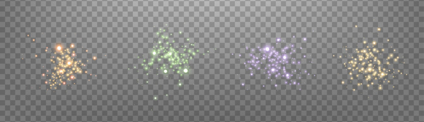 Glowing magic sparkles. Glittering dots, particles and stars. Glow flare light effect. Luminous points different colors. Vector particles on transparent background.