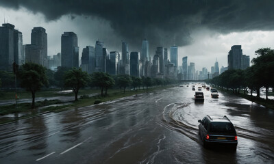 Flood disaster - dramatic environment landscaped image. Nature power concept. Climate change. Weather illustration. Dramatic cloudscape. Cinematics light.