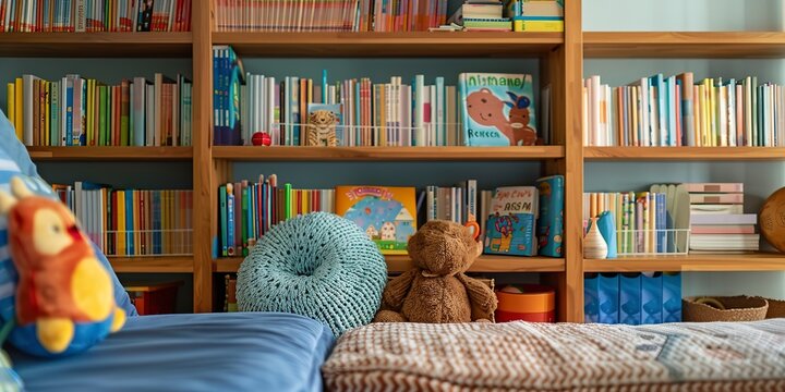 Bookshelf with children's books sorted by age, close-up, cozy reading nook