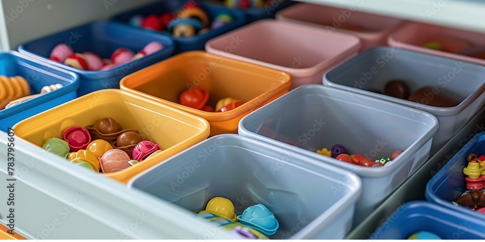 Poster Close-up of a labeled toy storage system, pastel bins, tidy and accessible 