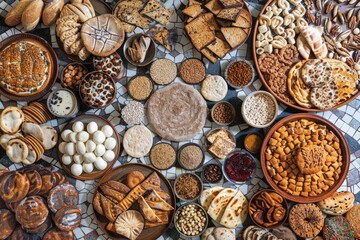 An assortment of flatbreads from around the world, artistically laid out on a mosaic table