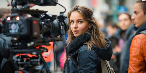 Kamerafrau beim Filmen am Set im Hintergrund, ai generativ - obrazy, fototapety, plakaty