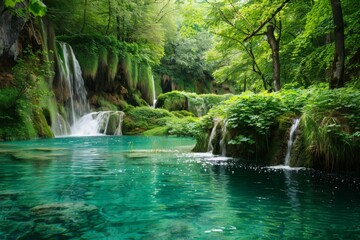 Meditative scene with turquoise water, lush greenery, conveying tranquility