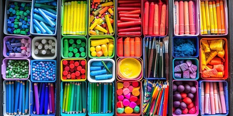 Children's art supplies sorted in labeled bins, vibrant colors, neat layout - obrazy, fototapety, plakaty
