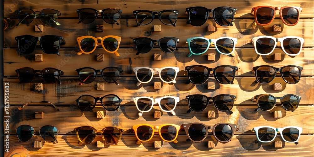 Poster Sunglasses neatly displayed on a wall organizer, stylish array, bright light 