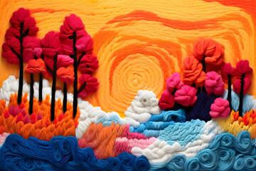 Knitted artwork capturing a forest landscape - obrazy, fototapety, plakaty