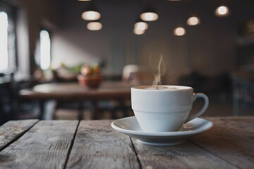Blurred cafe background with wooden table, cozy ambiance