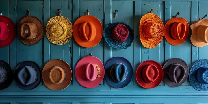 Hat collection on wall hooks, close-up, orderly fashion, contrasting backgrounds