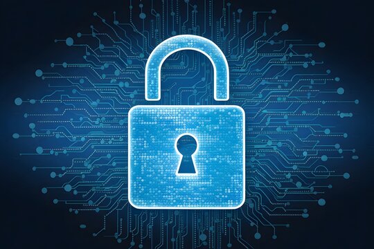 Blue padlock secures computer data, network connection protection