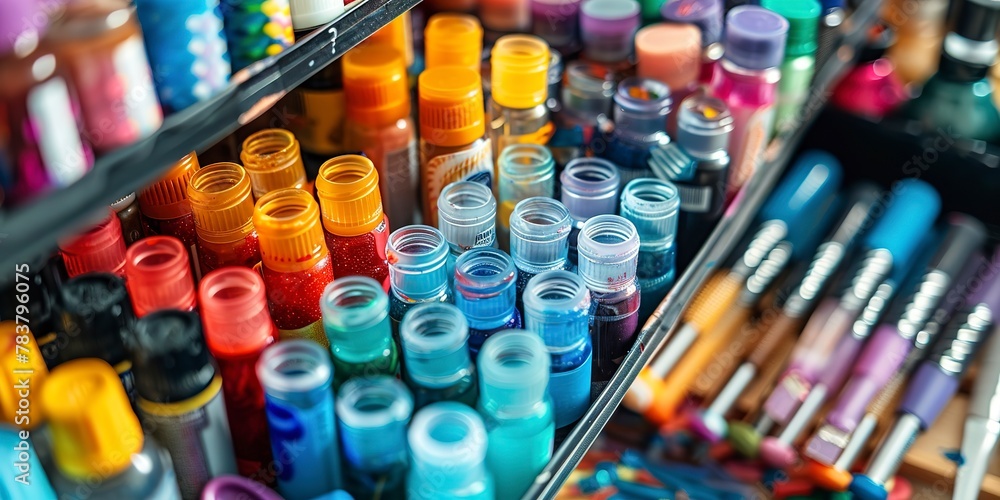 Poster glue types in a craft caddy, neatly labeled, close-up, organized for easy access